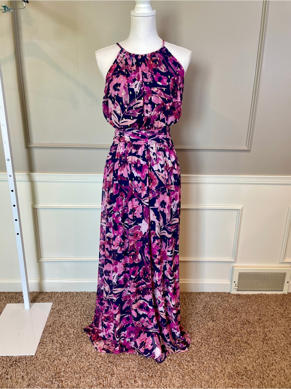 London Times 14 Maxi Dress Sleeveless Halter Pink Flowy Floral Layered